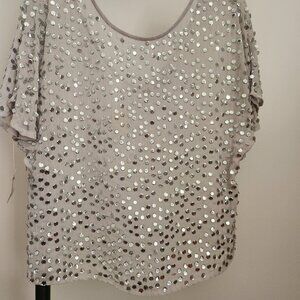 JENNIFER LOPEZ White/silver Sequined Shortsleeve Blouse Sz M